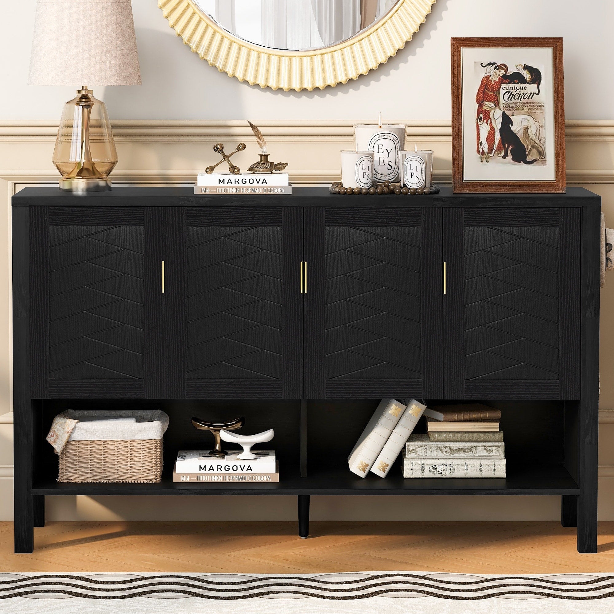 Roomfitters Sideboard Buffet Cabinet With 4 Door Mid Century Modern Geometric Storage And Open Shelf For Kitchen Dining