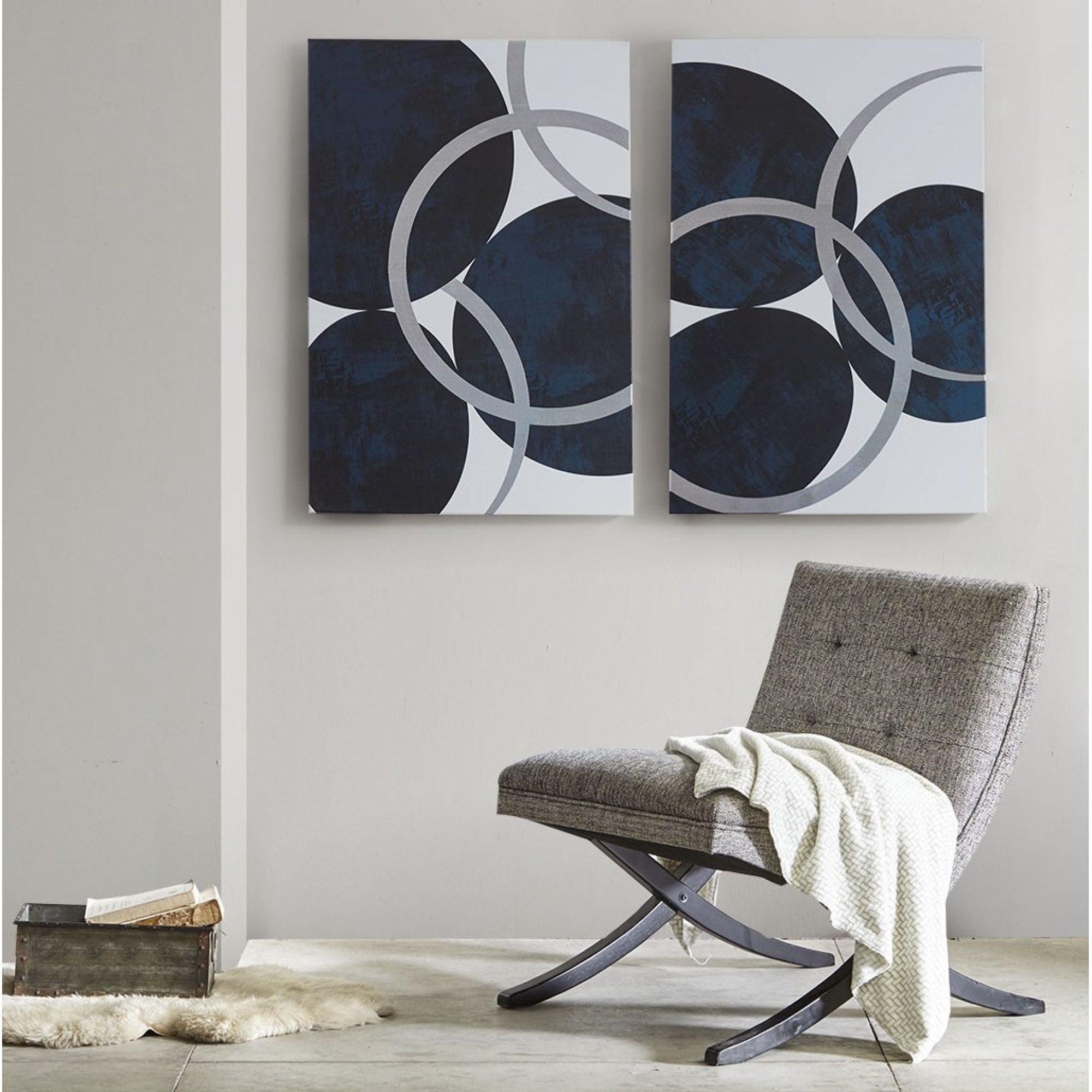 Roomfitters Silver Foil Abstract 2 Piece Canvas Wall Art Set 24X36 Inch Large Navy And Metallic Vertical Decor For Living Room