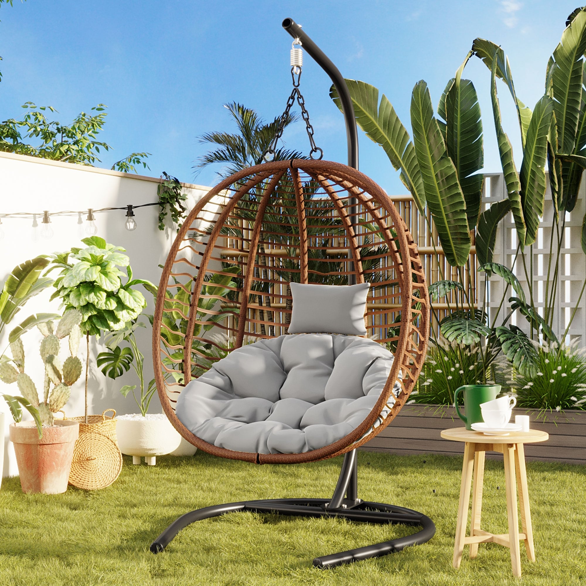 Roomfitters Single Person Folding Egg Chair With Stand Uv Resistant Wicker Rattan Swing For Patio Garden