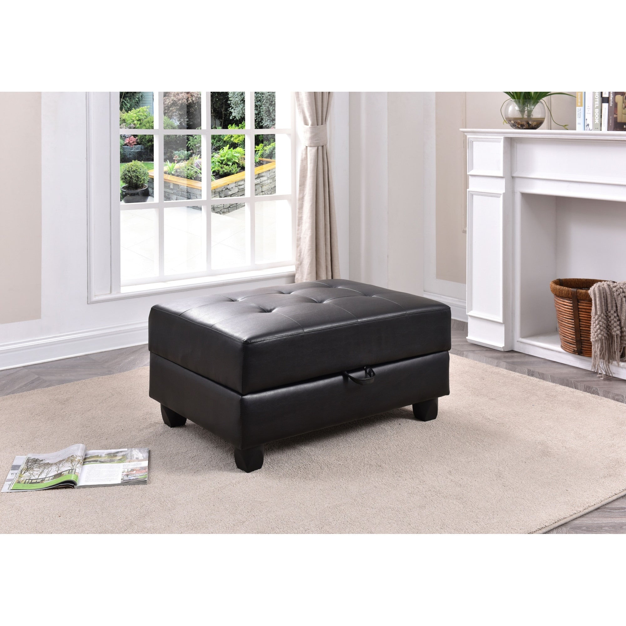 Roomfitters Sleek Ottoman Tufted Pu Leather Footrest Modern Padded Bench Black Architectural Legs