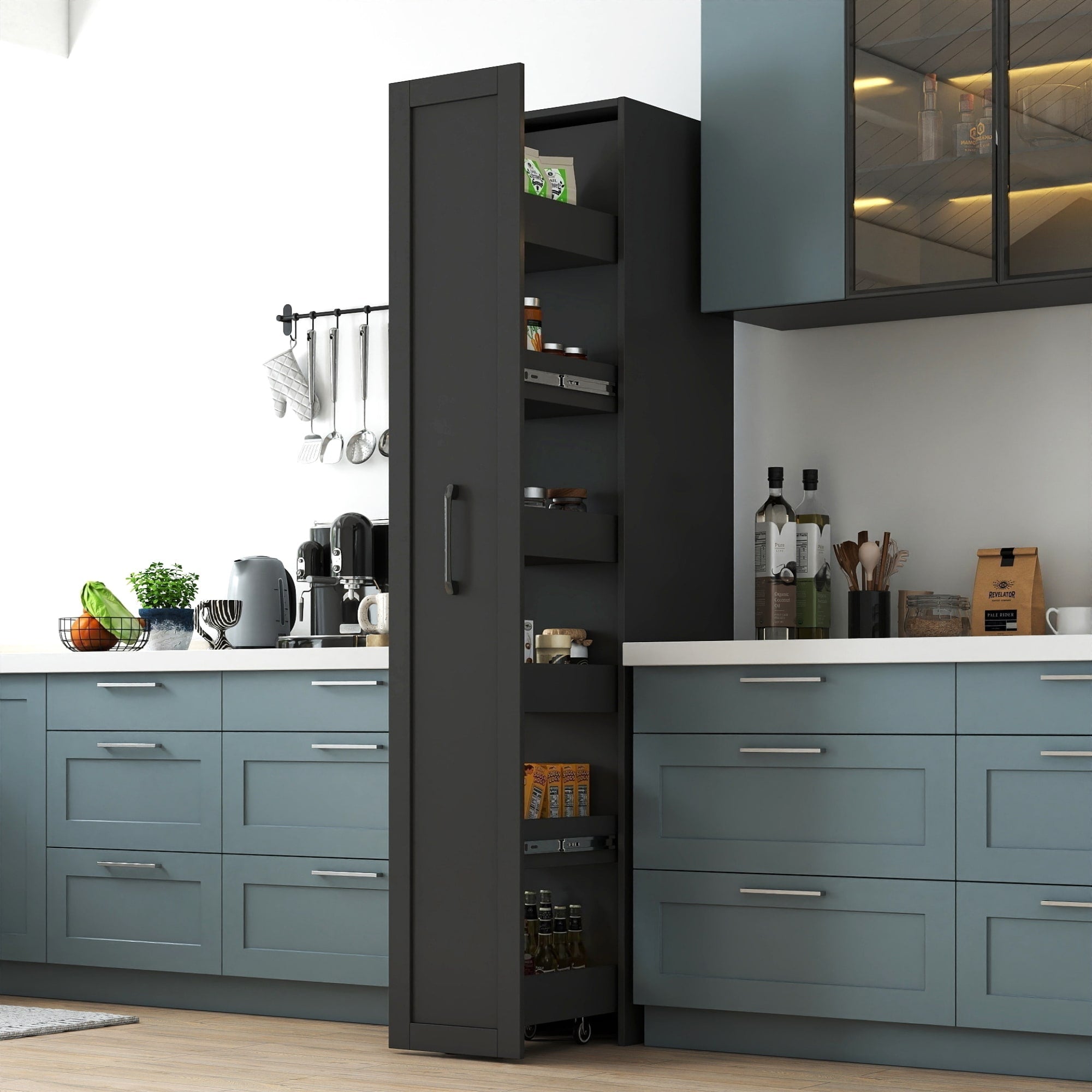 Roomfitters Slim Storage Cart Pull Out Pantry Wooden Narrow Kitchen Gap Organizer Bathroom Slide Cabinet Black