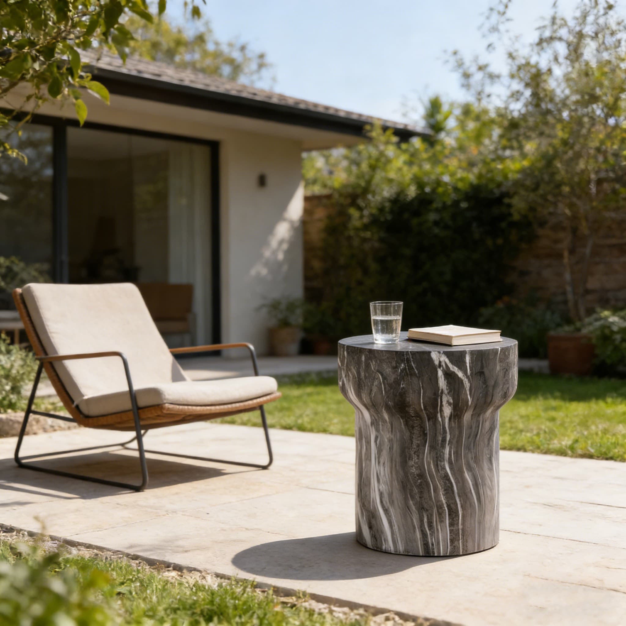 Roomfitters Small Cement End Table Modern Drum Side Table For Patio Outdoor Weather Resistant Faux Marble Stone Finish Marble