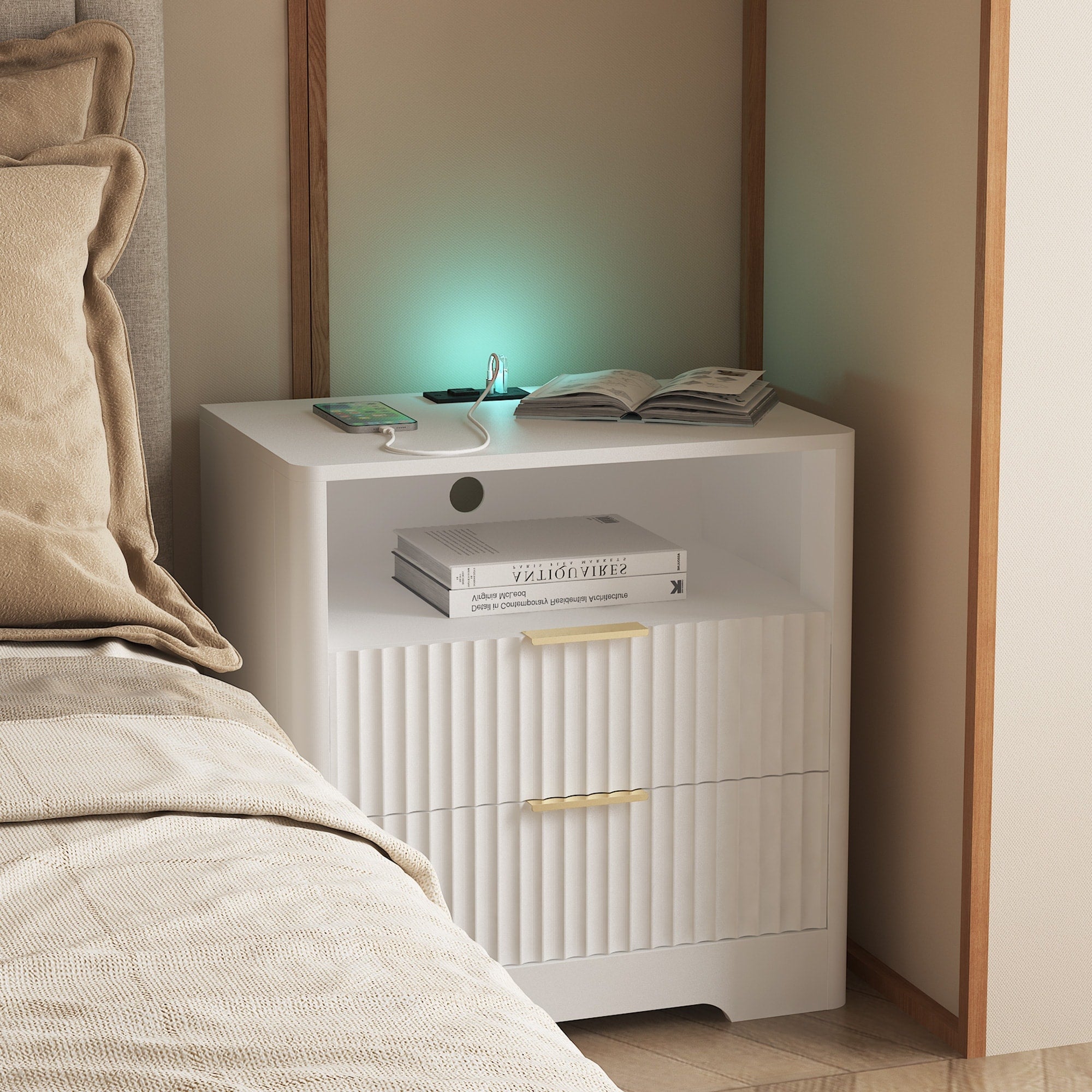 Roomfitters Smart Nightstand With Led Night Light Charging Station Fluted 3 Drawer Bedside Table End Table