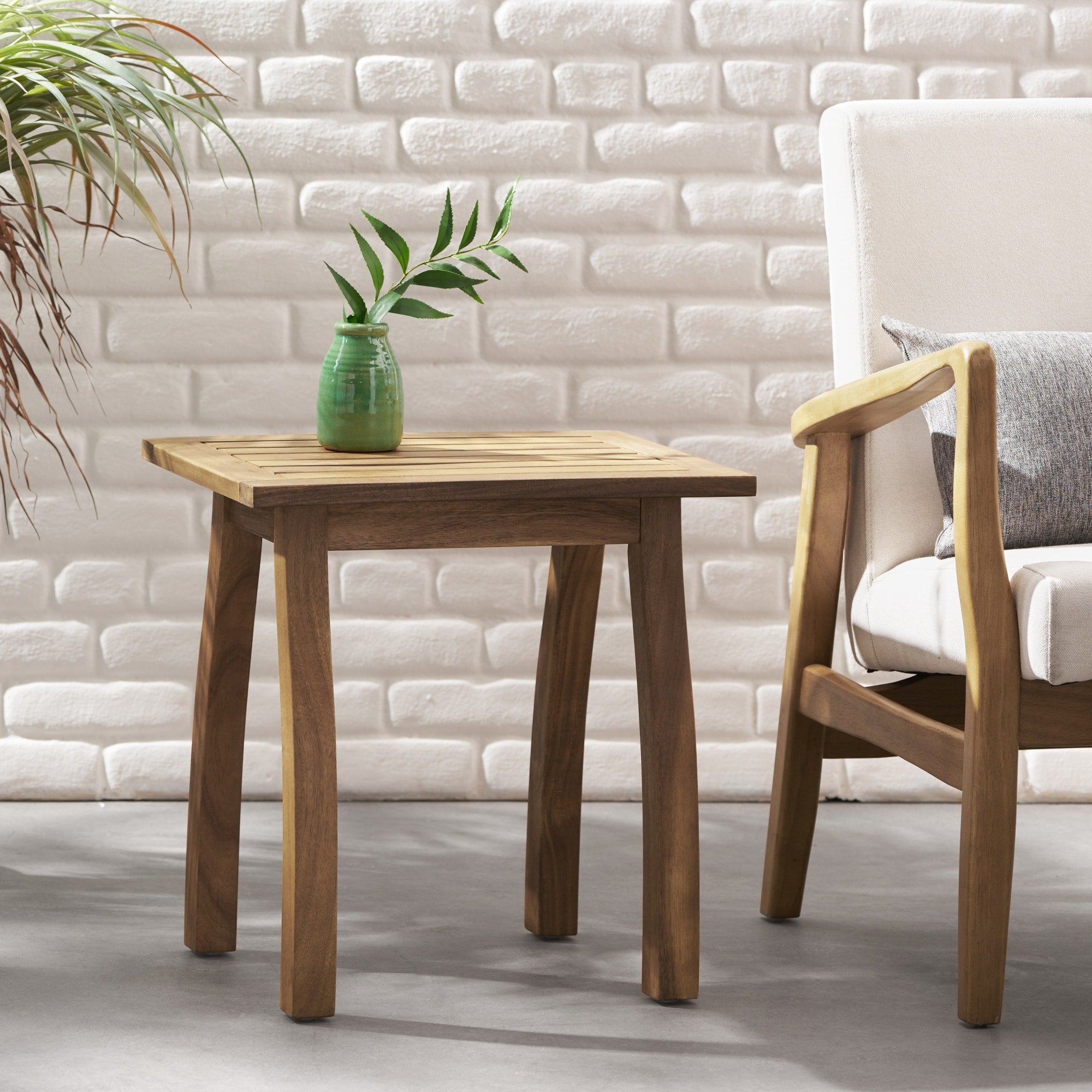 Roomfitters Square Patio End Table With Slatted Top And Curved Legs Modern Outdoor Side Table For Garden Natural Stained