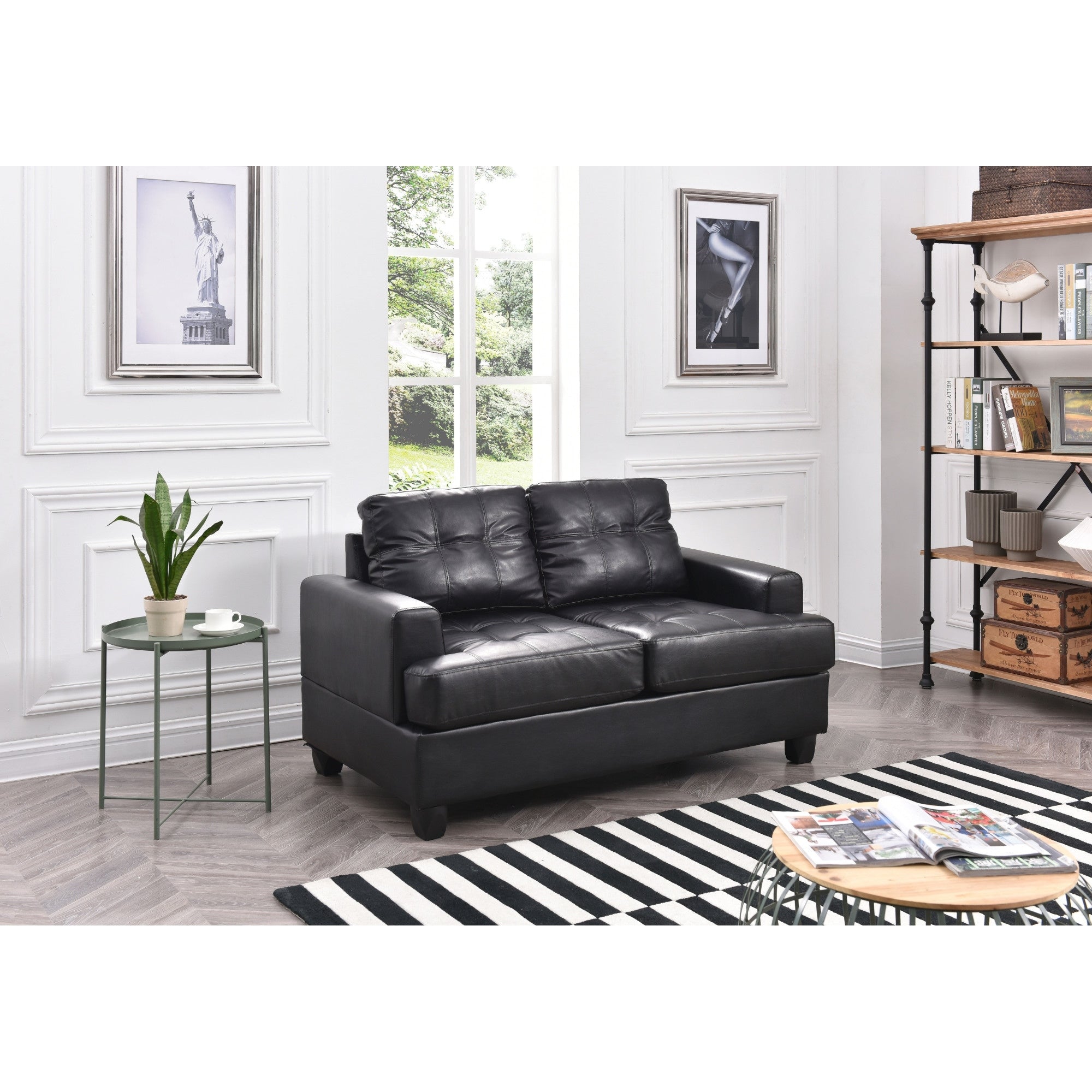 Roomfitters Stylish Transitional Black Loveseat Luxury Tufted Pu Leather 2 Seater Sofa Modern Padded Couch With Saddle Arms