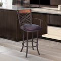Roomfitters Tahiti 26 Inch Transitional Swivel Barstool With Arms Auburn Bay Finish Brown Faux Leather Seat Lattice Back