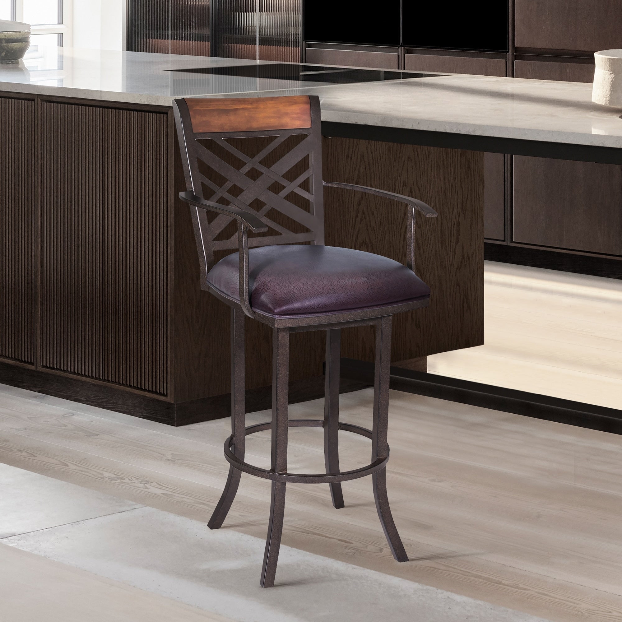 Roomfitters Tahiti 26 Inch Transitional Swivel Barstool With Arms Auburn Bay Finish Brown Faux Leather Seat Lattice Back