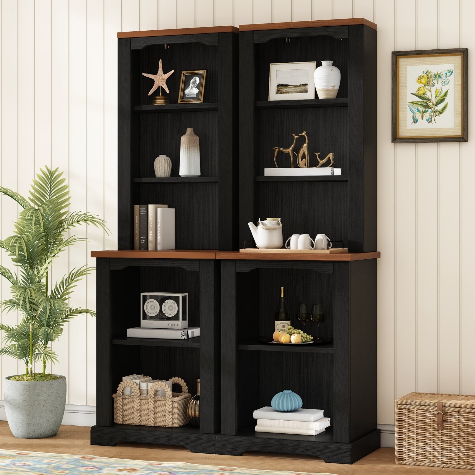 Roomfitters Tall Cabinet Bookcase With Open Shelves And Two Tone Wood Top For Living Room Home Office Storage