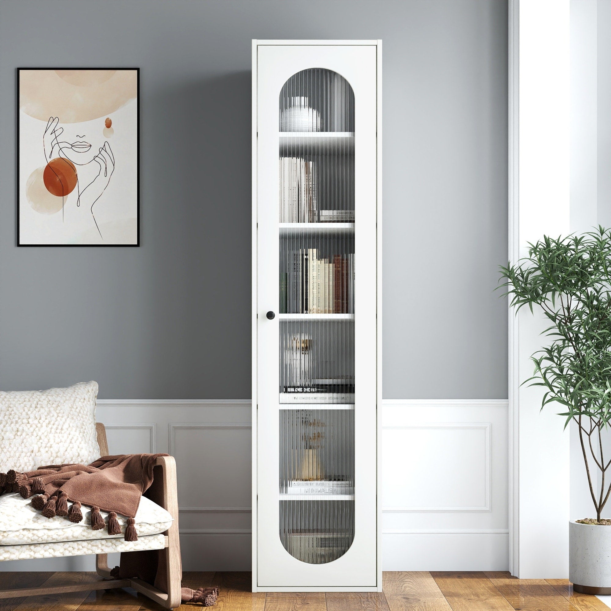 Roomfitters Tall Display Cabinet Fluted Glass Door Modern White Wooden Bookspace Slim Curio Library Storage Tower White