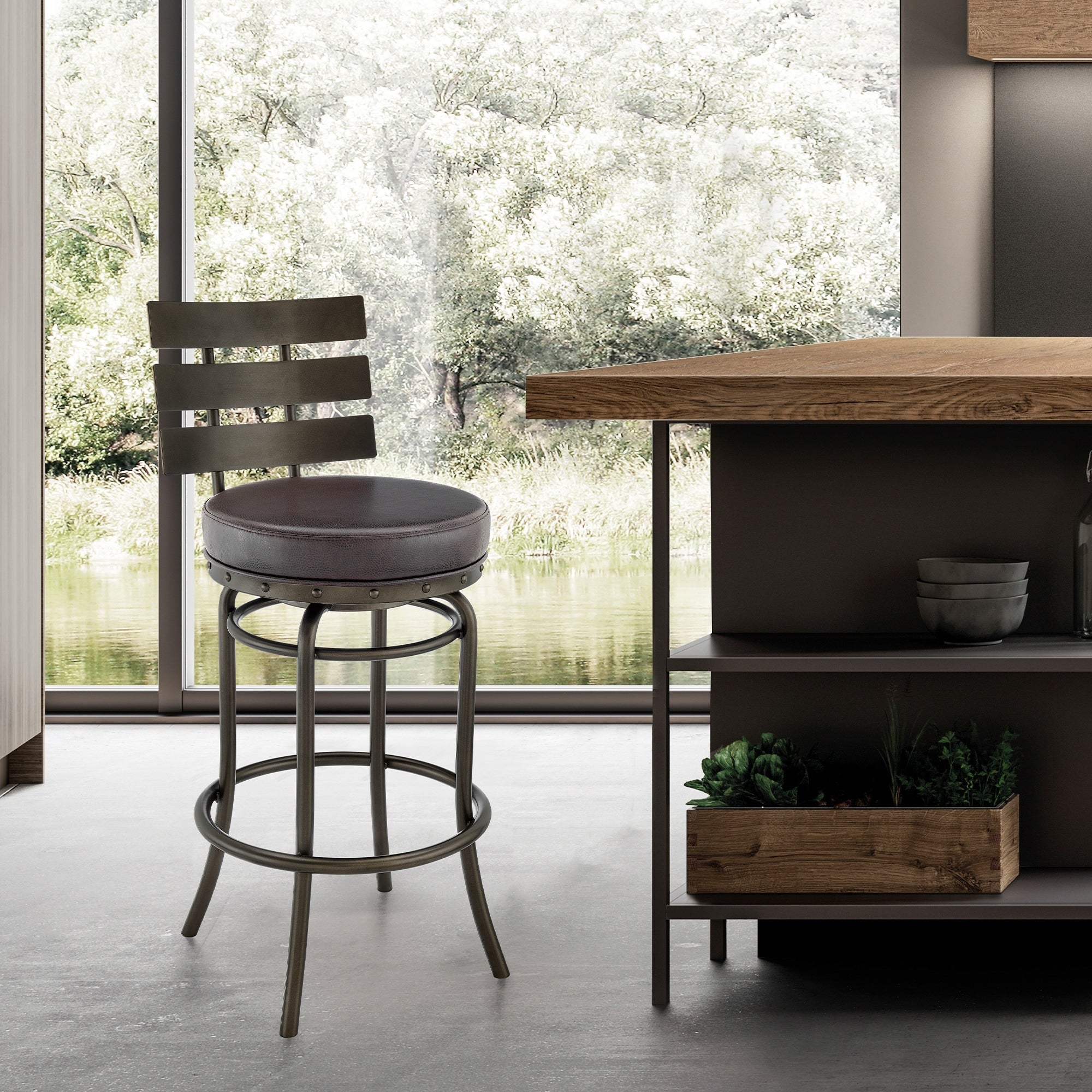 Roomfitters Tatyana 360 Degree Swivel Counter Stool Brown Faux Leather Pub Chair Mocha Metal Finish Slatted Backrest