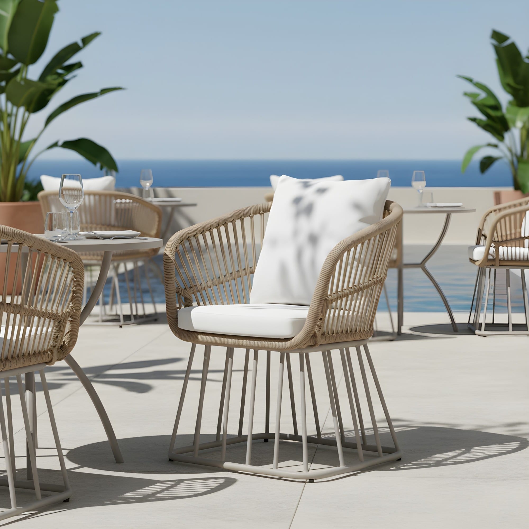 Roomfitters Teak Finish Wicker Outdoor Dining Chair Beige Steel Frame Cream Cushions 300Lbs Capacity Patio Seating