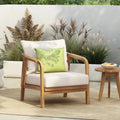 Roomfitters Teak Finished Outdoor Lounge Chair Woven Backrest Solid Wood Patio Armchair Modern Padded Garden Seat