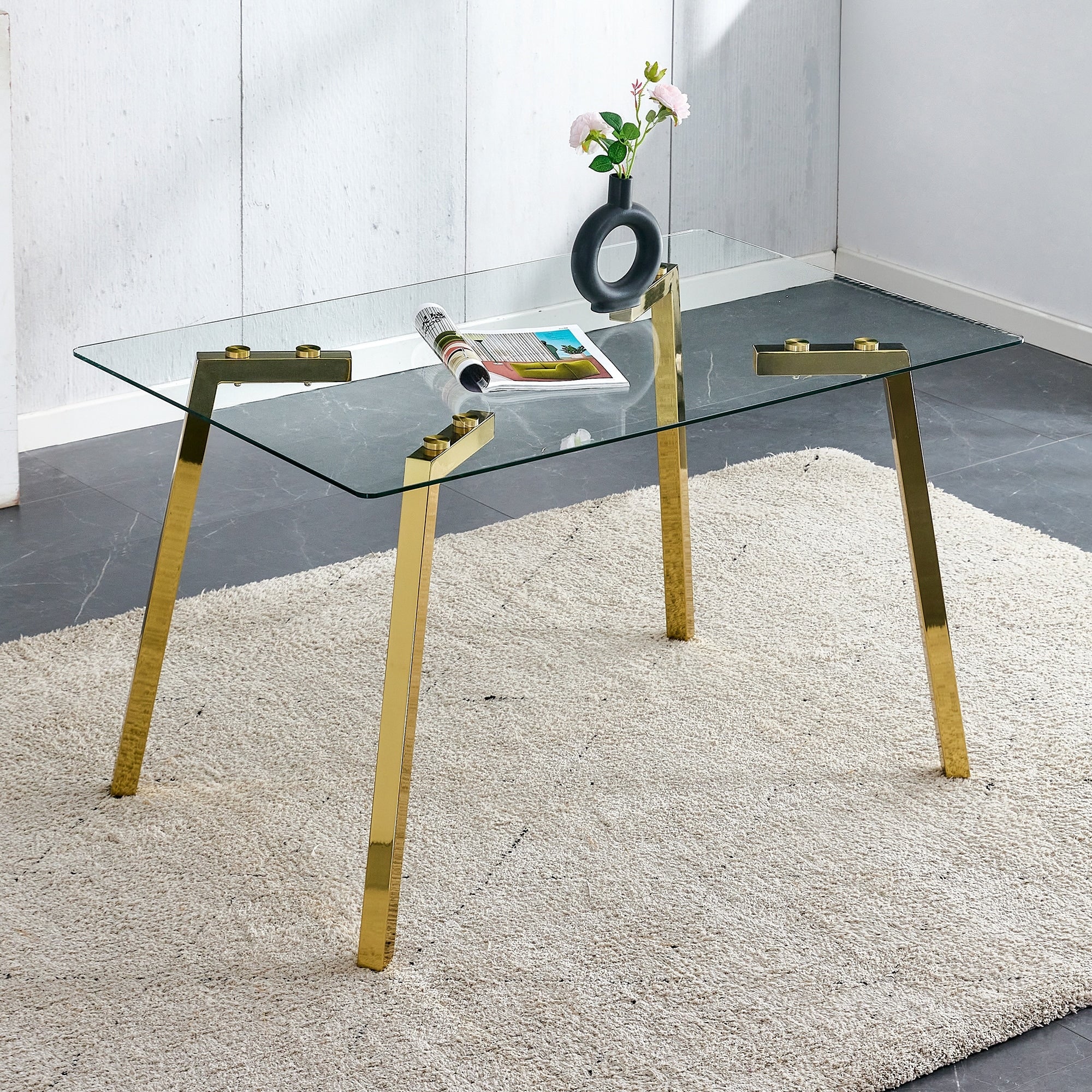 Roomfitters Tempered Glass Rectangular Dining Table Golden Metal Leg Clear Negotiation Table Modern Kitchen Table