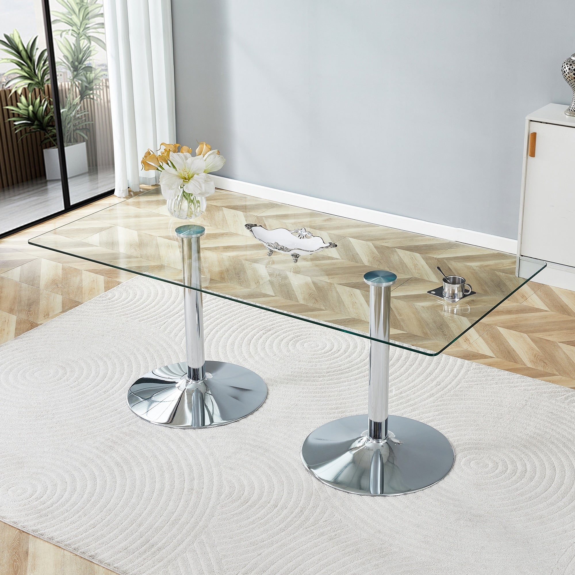 Roomfitters Tempered Glass Rectangular Dining Table Metal Pedestal Leg Large Workspace For Social Activities