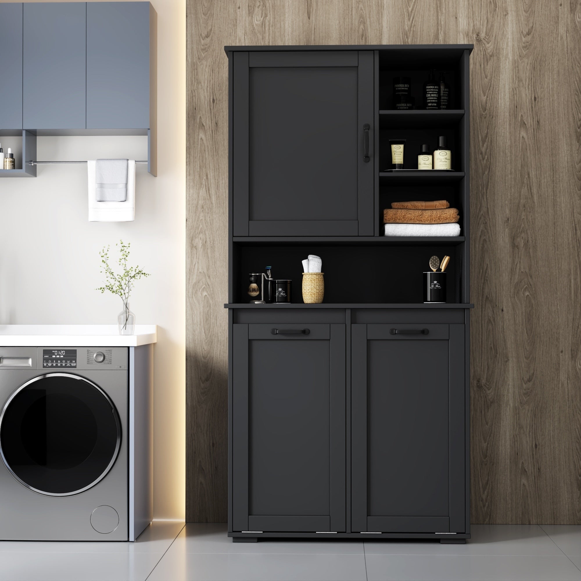 Roomfitters Tilt Out Laundry Hamper Cabinet With Hutch Modern Black Wooden Bathroom Storage Pantry Linen Tower Black