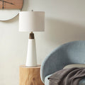 Roomfitters Triangular Ceramic And Wood Table Lamp 25 Inch Mid Century Modern Tapered Nightstand Lamp With Led Bulb Cream