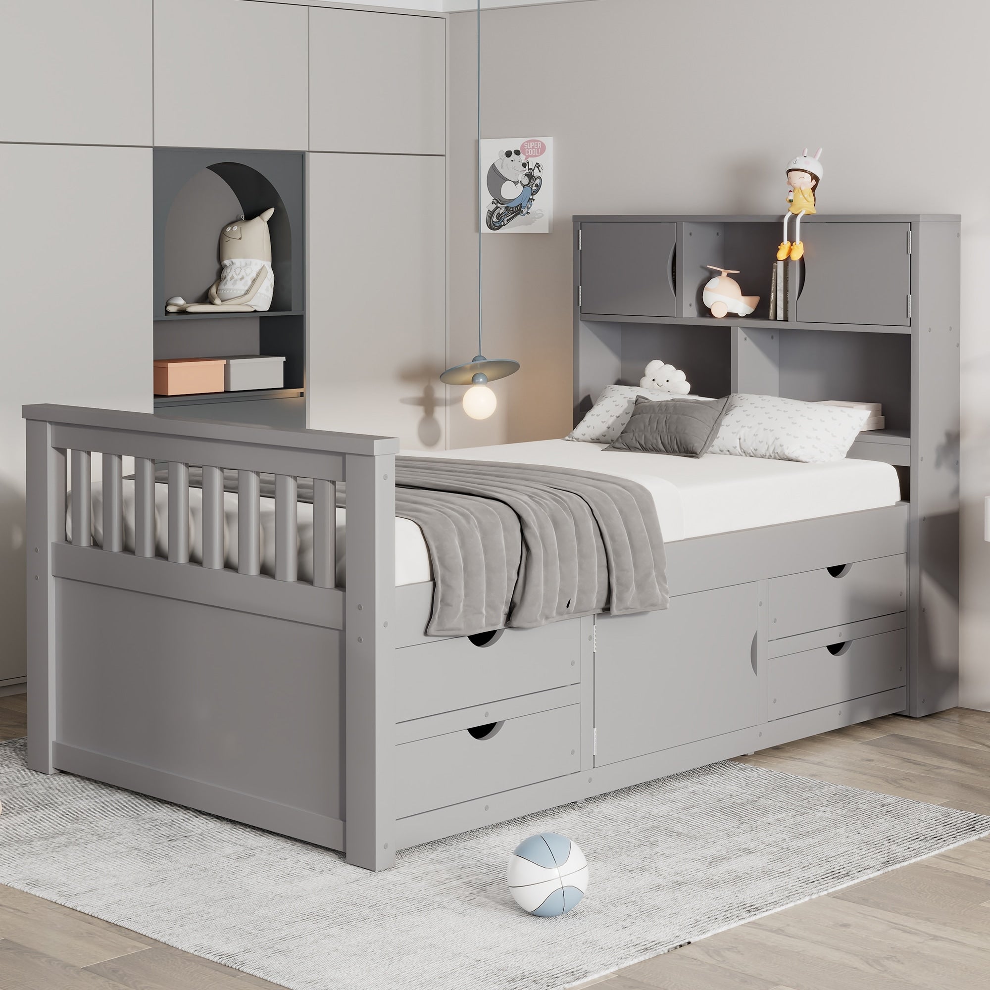 Roomfitters Twin Captain Platform Bed With Bookshelf Headboard And 4 Drawers