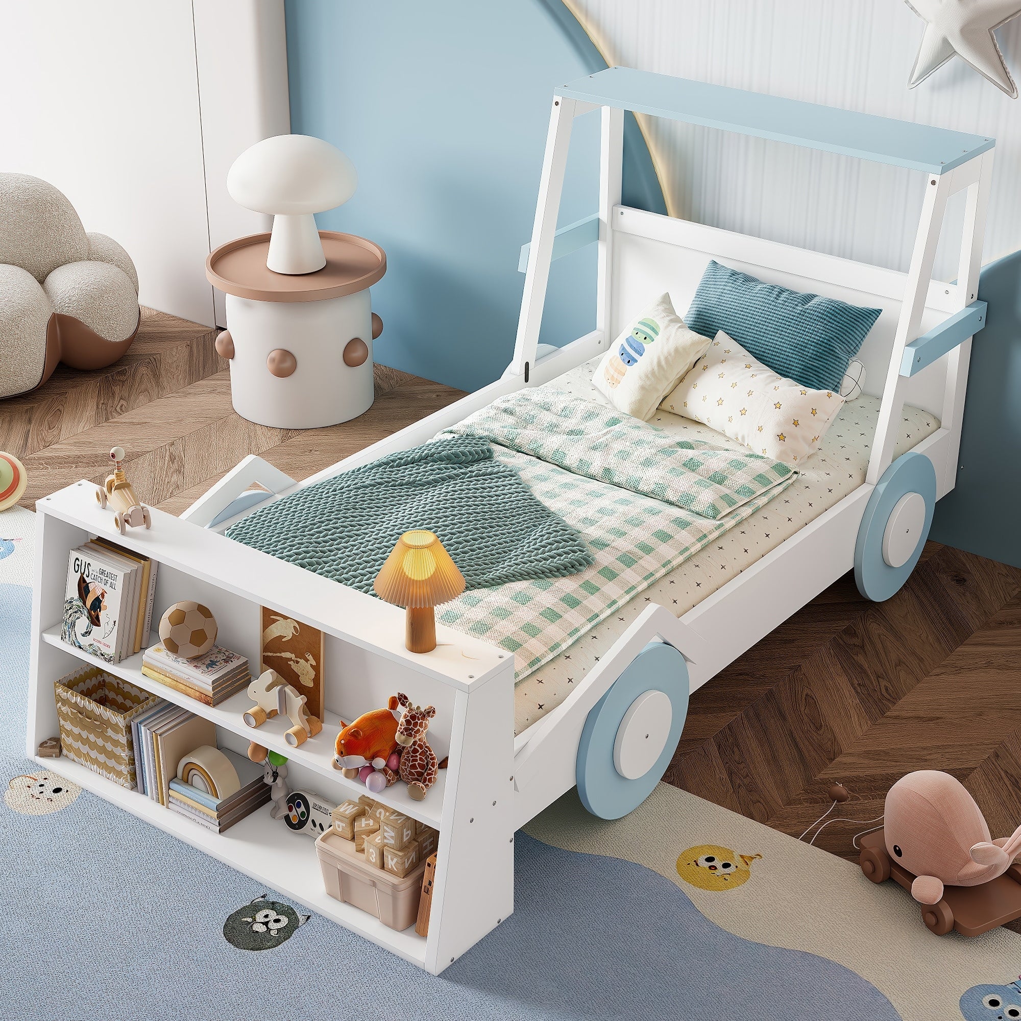 Roomfitters Twin Car Bed With Front Storage Shelf Kids Platform Frame