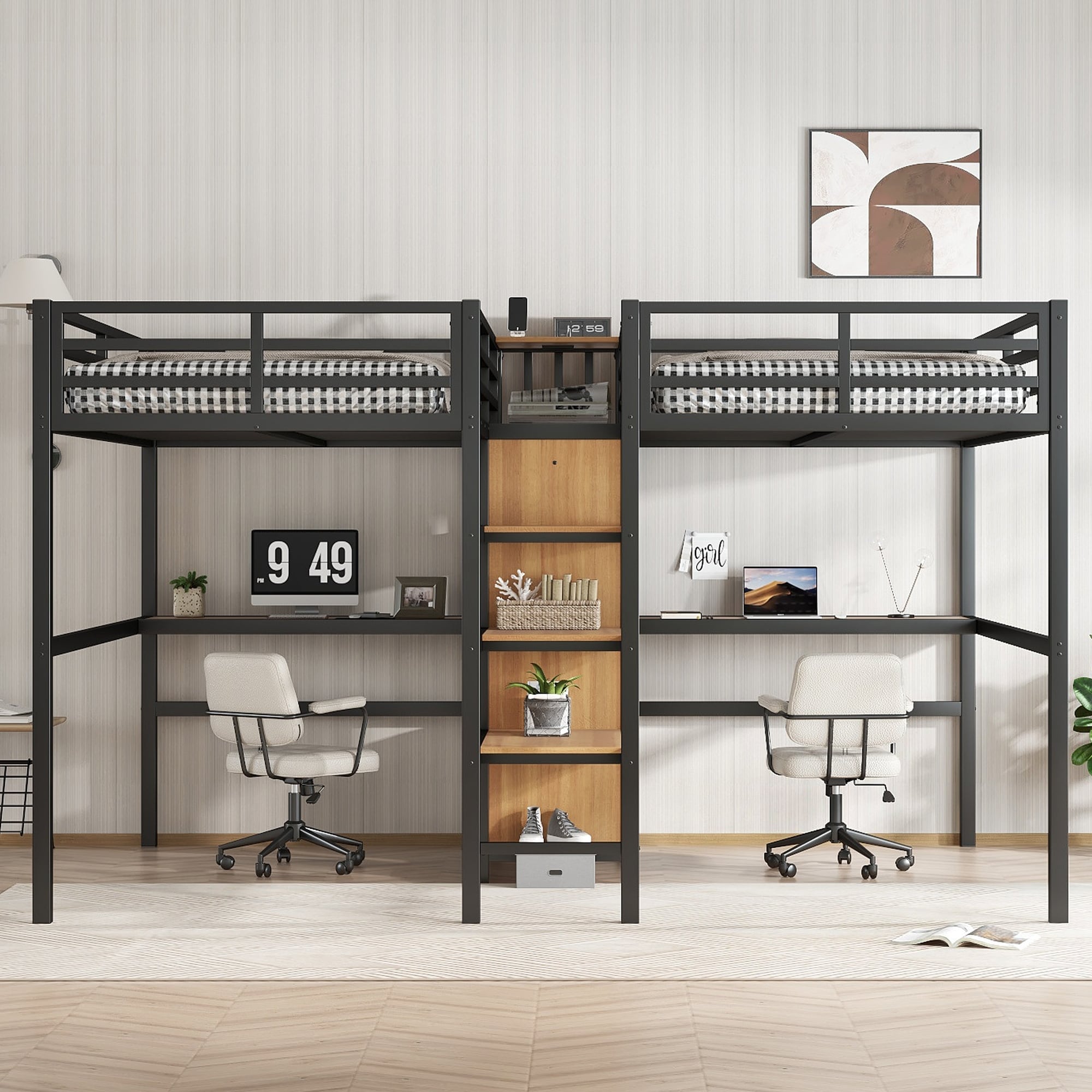 Roomfitters Twin Corner Loft Beds With Double Desk And Wardrobe Metal Frame With Power Outlets