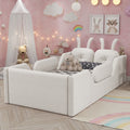 Roomfitters Twin Floor Platform Bed Rabbit Cushion Headboard And Removable Side Rails With Wooden Frame For Bedroom White