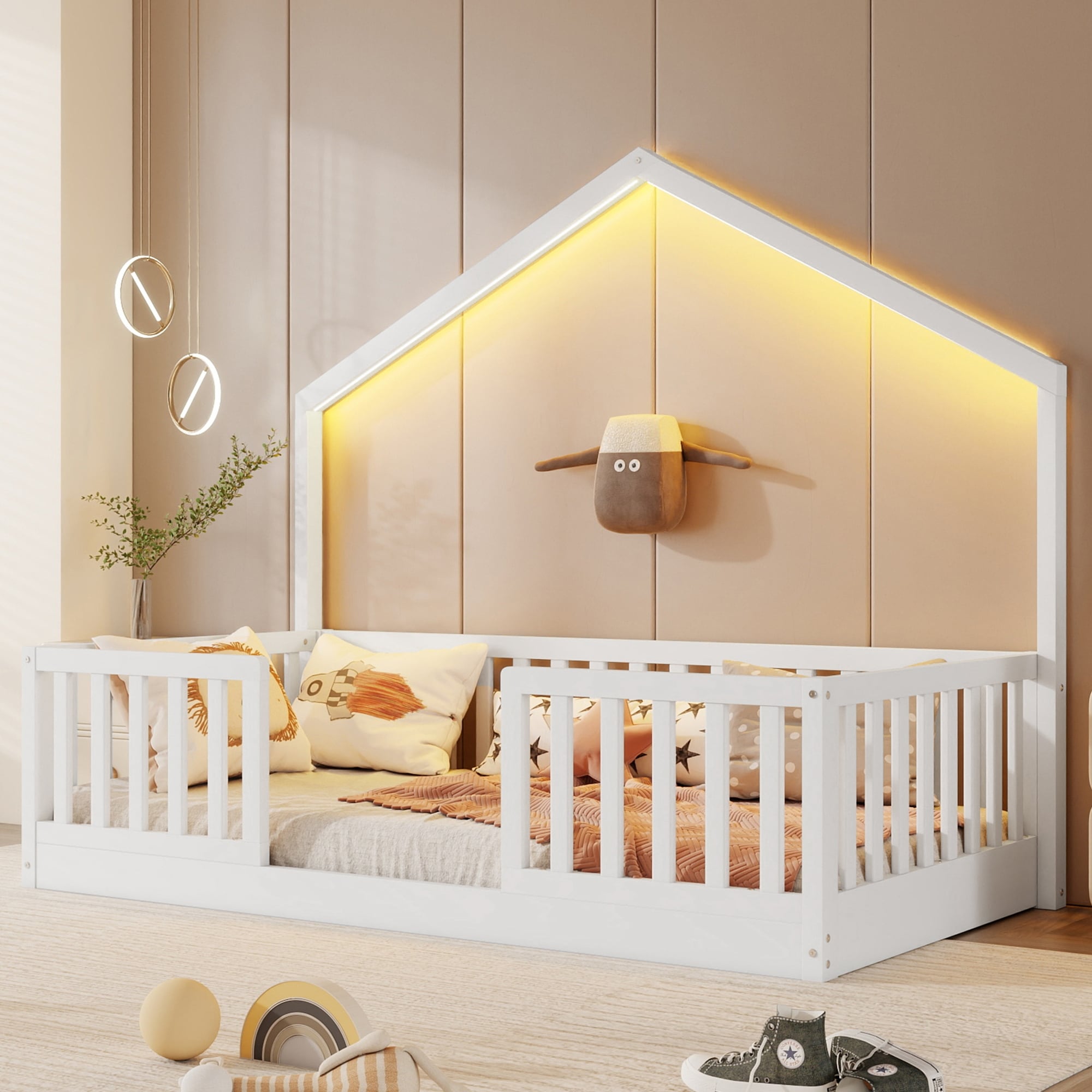 Roomfitters Twin Full Floor Platform Bed House Frame And Led Light With Wooden High Rails For Bedrooms Or Guest Rooms