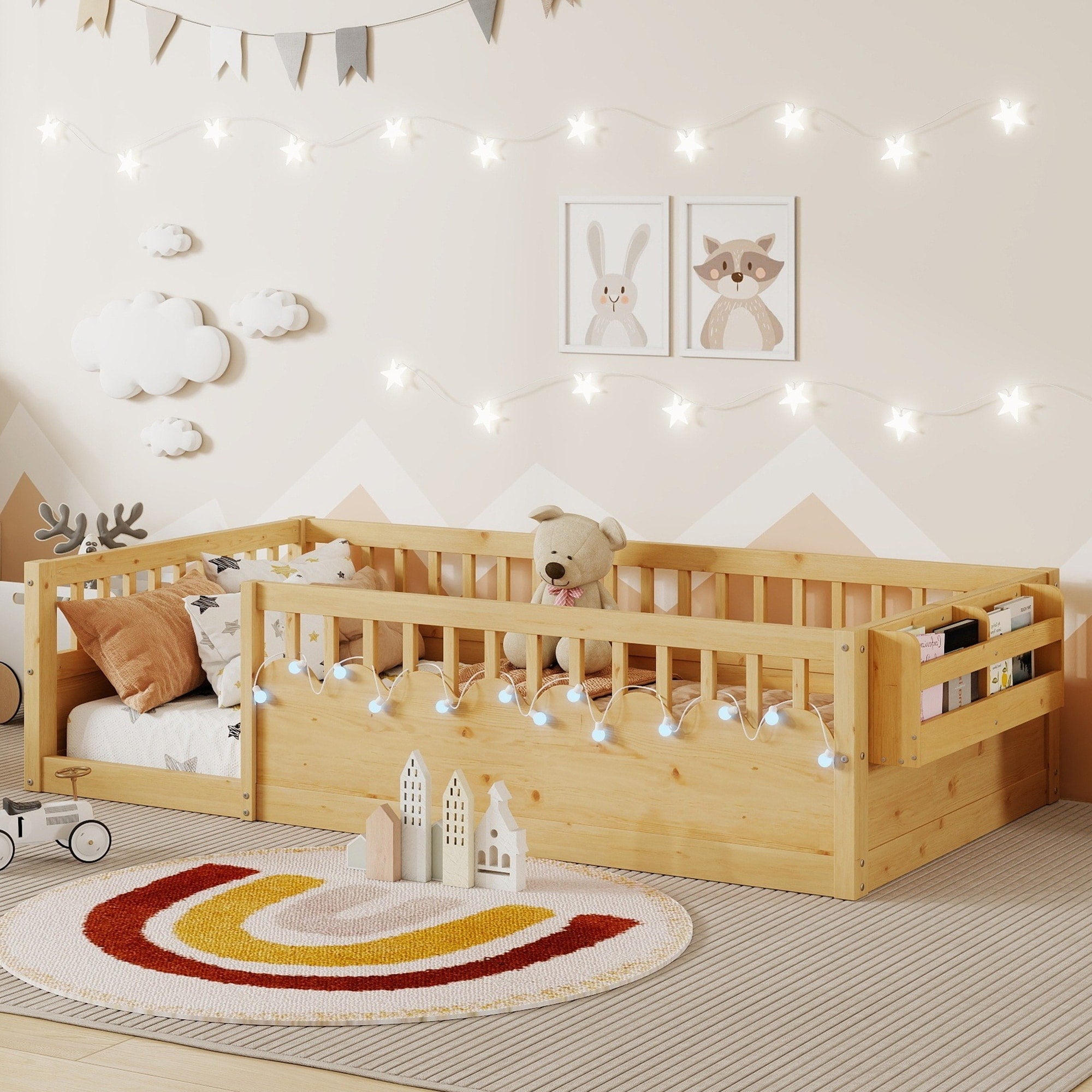 Roomfitters Twin Full Floor Platform Bed Side Storage Shelf And Led Light With Wooden Frame For Bedroom And Guest Room