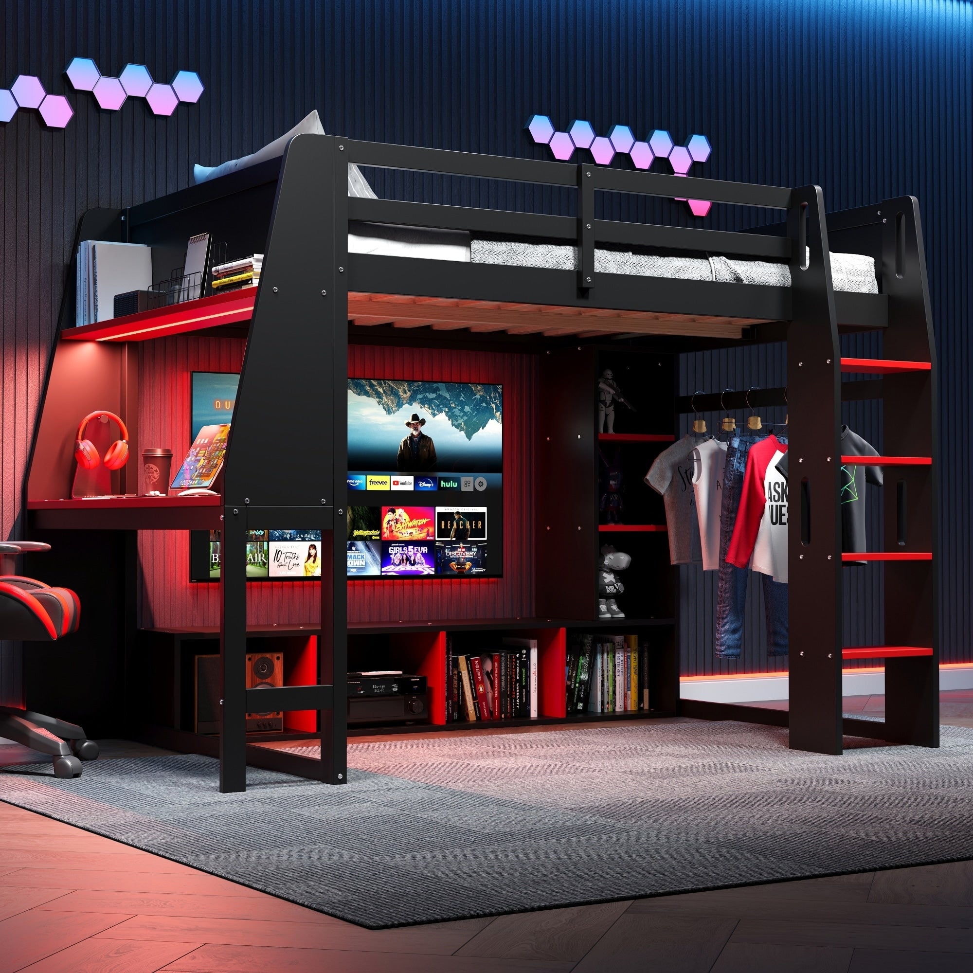 Roomfitters Twin Full Gaming Loft Bed With Desk Hanging Rack And Led Lights Black And Red