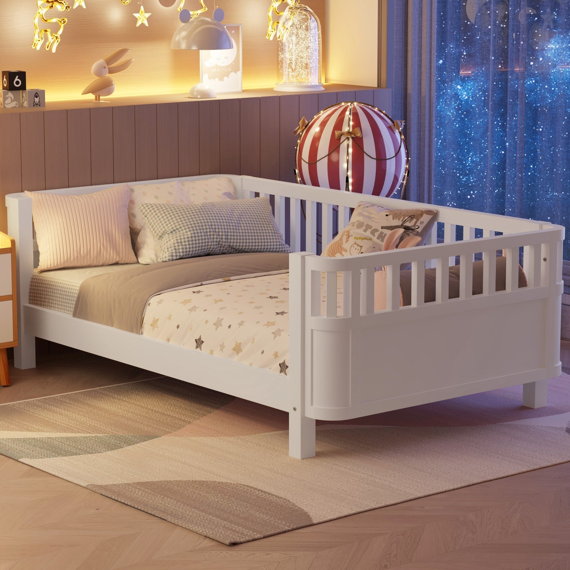 Roomfitters Twin Full Platform Bed Low Profile Mattress Foundation With Wooden Guardrails For Bedroom Or Guest Room