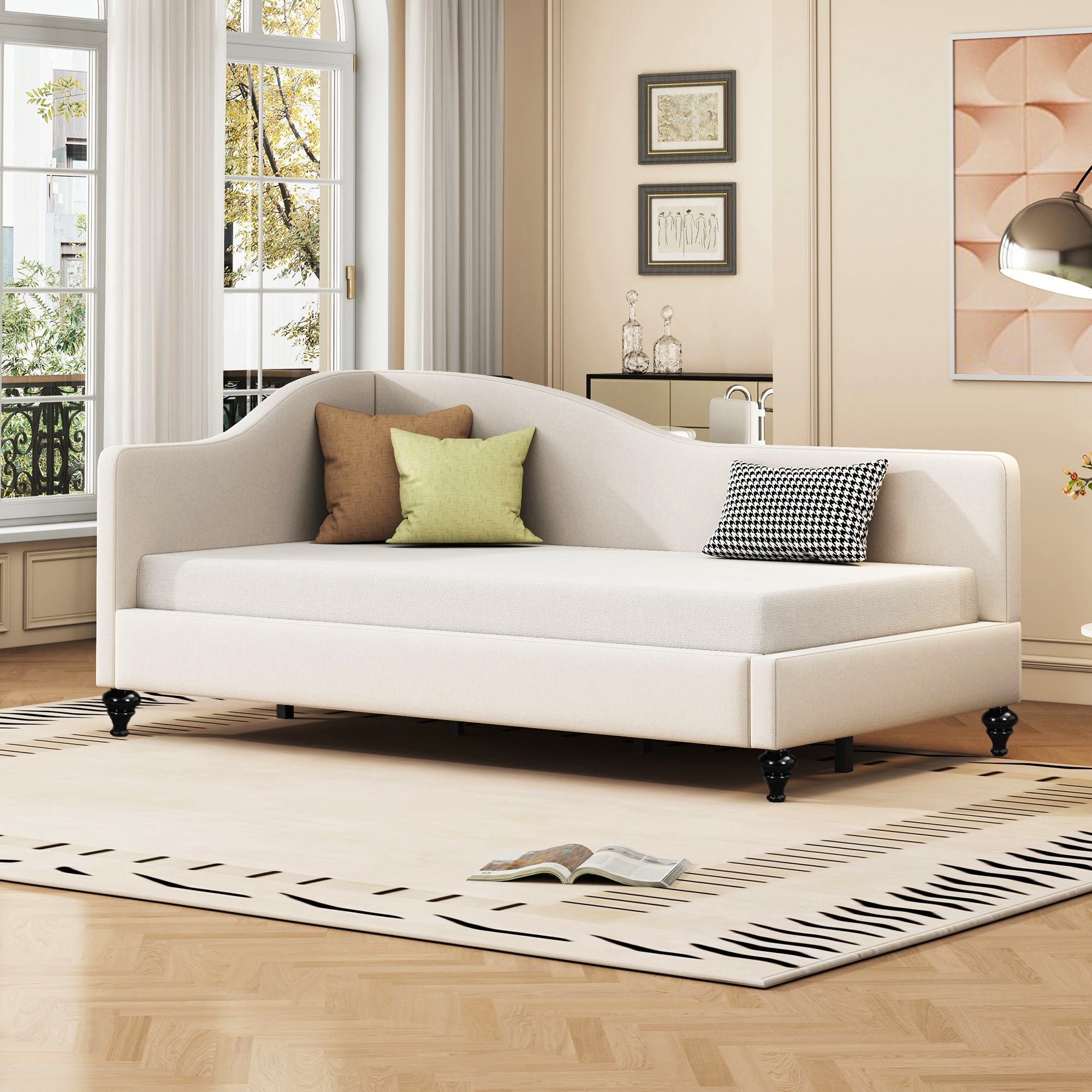 Roomfitters Twin Full Size L Shaped Daybed Frame Upholstered Linen Corner Bed Sofa With Padded Backrest For Guest Room