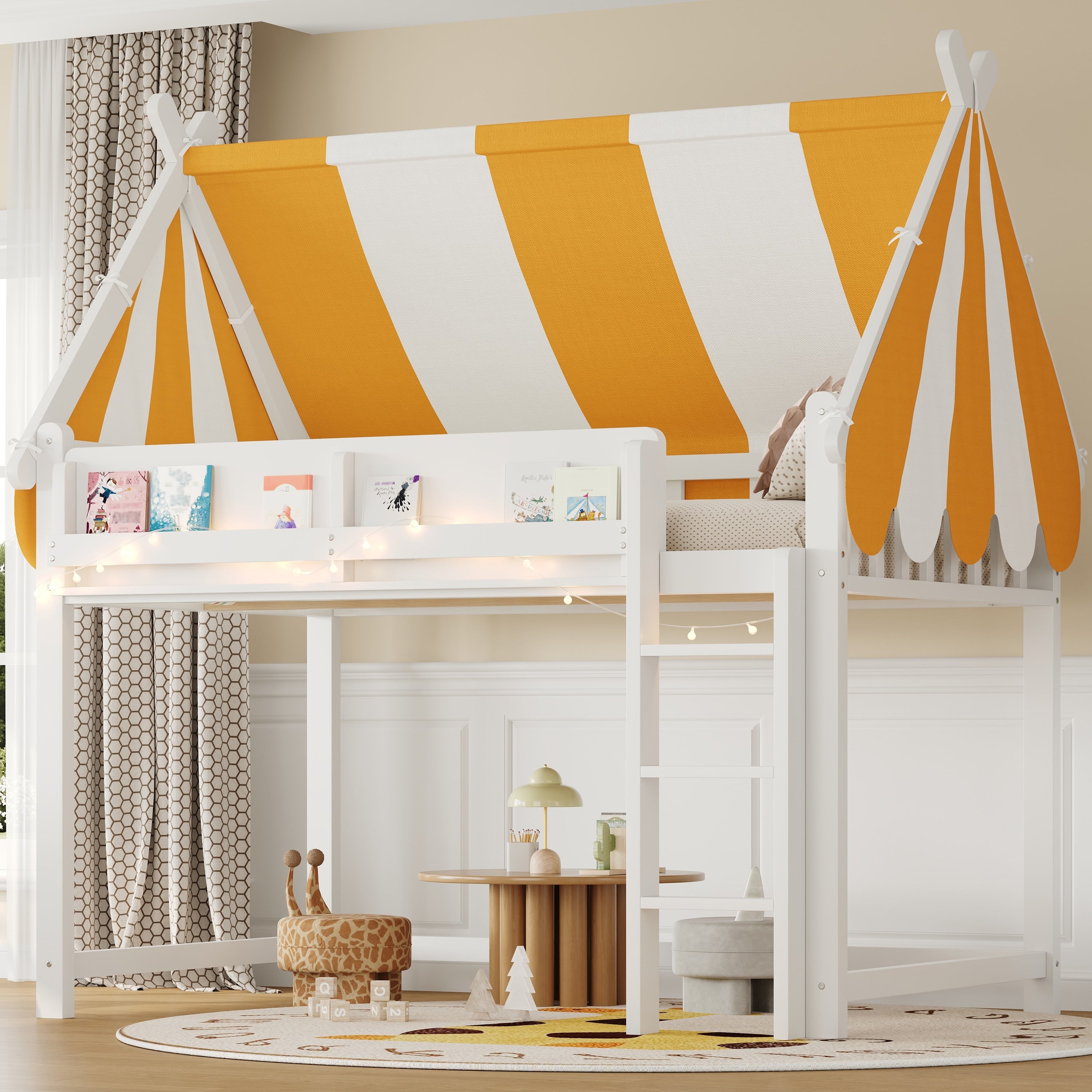 Roomfitters Twin Full Size Loft Bed With Canopy Led Lights And Book Shelf