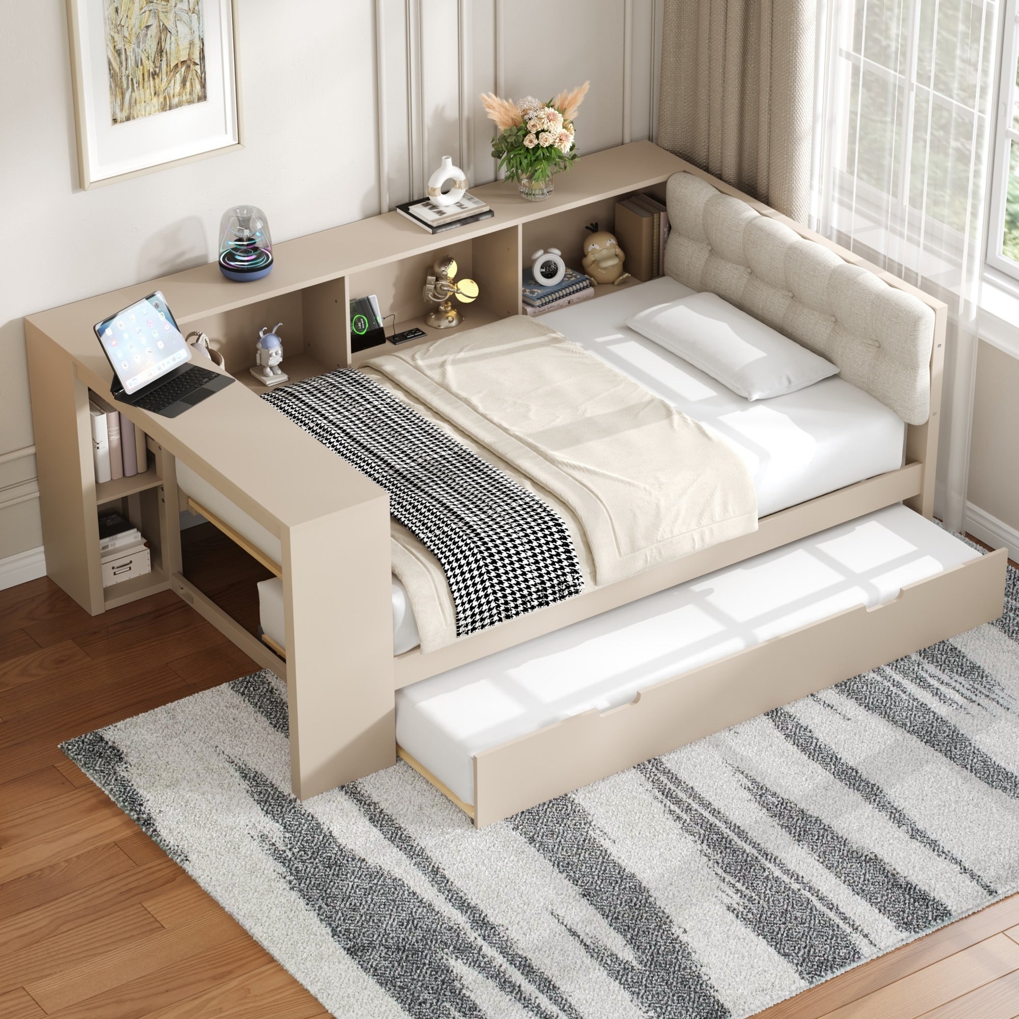 Roomfitters Twin Full Wood Platform Bed With Trundle Charging Station And Upholstered Headboard