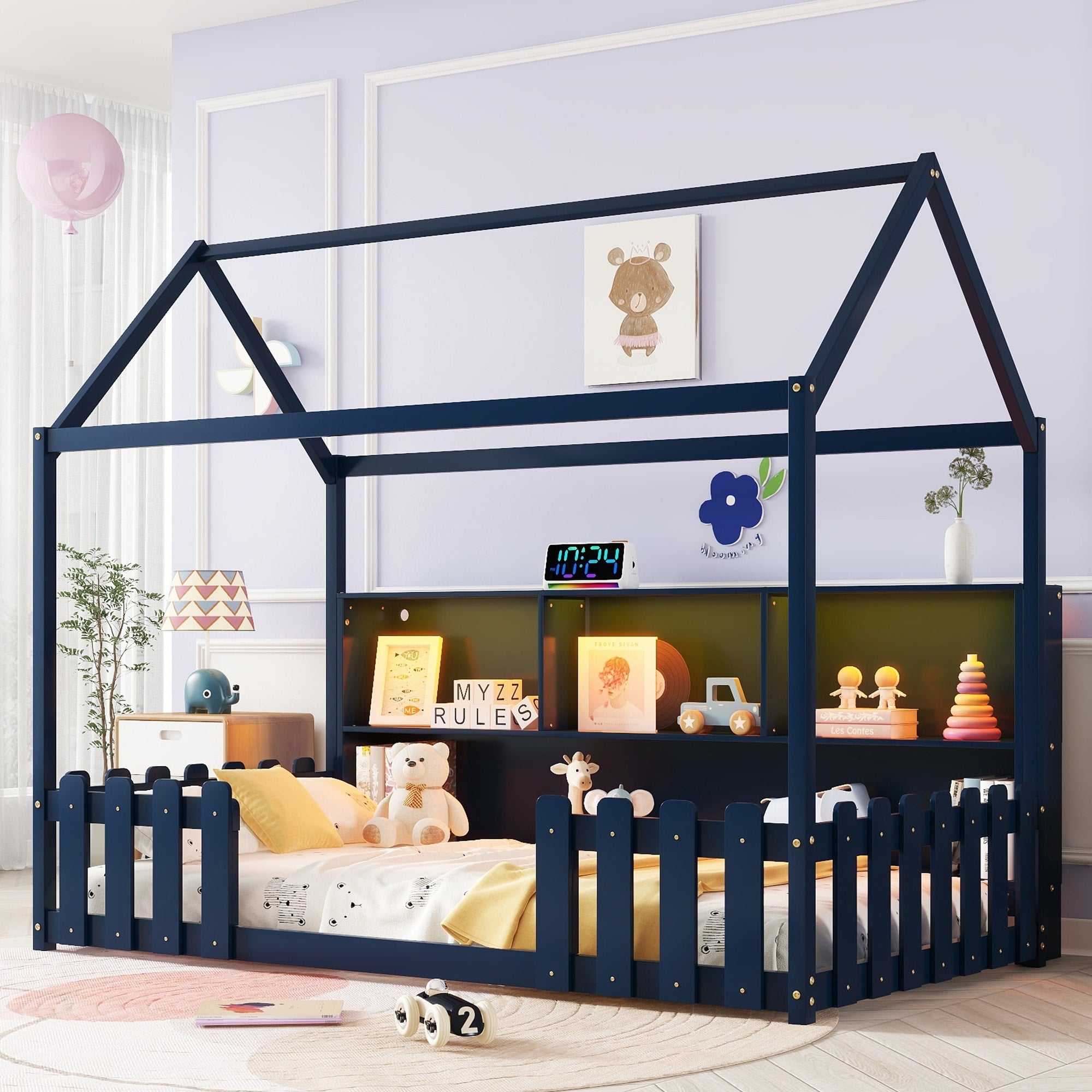 Roomfitters Twin House Bed Modern Floor Bed With Bookshelf And Wooden Frame For Bedroom