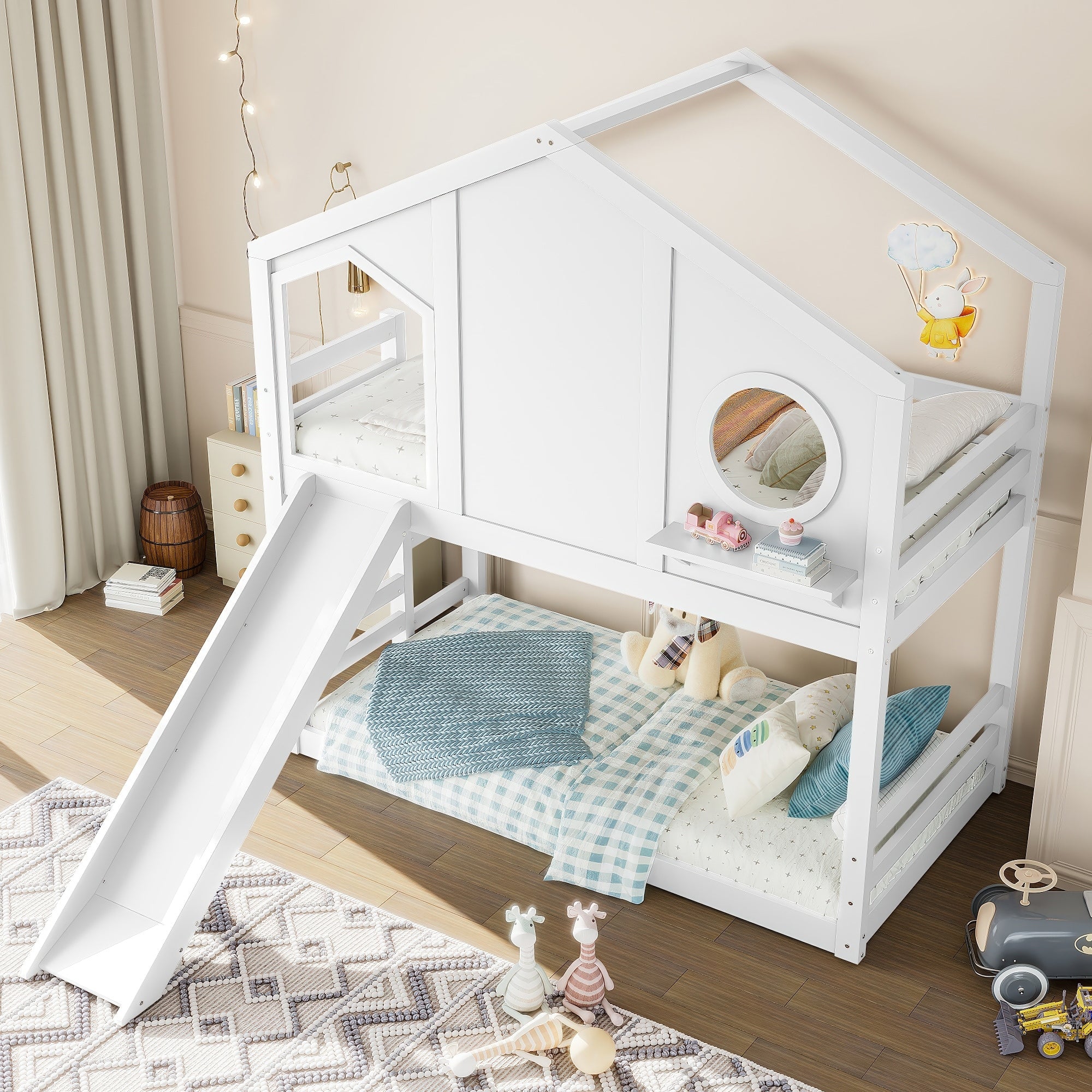 Roomfitters Twin House Bunk Bed With Slide And Storage Shelves Solid Wood Frame With Window
