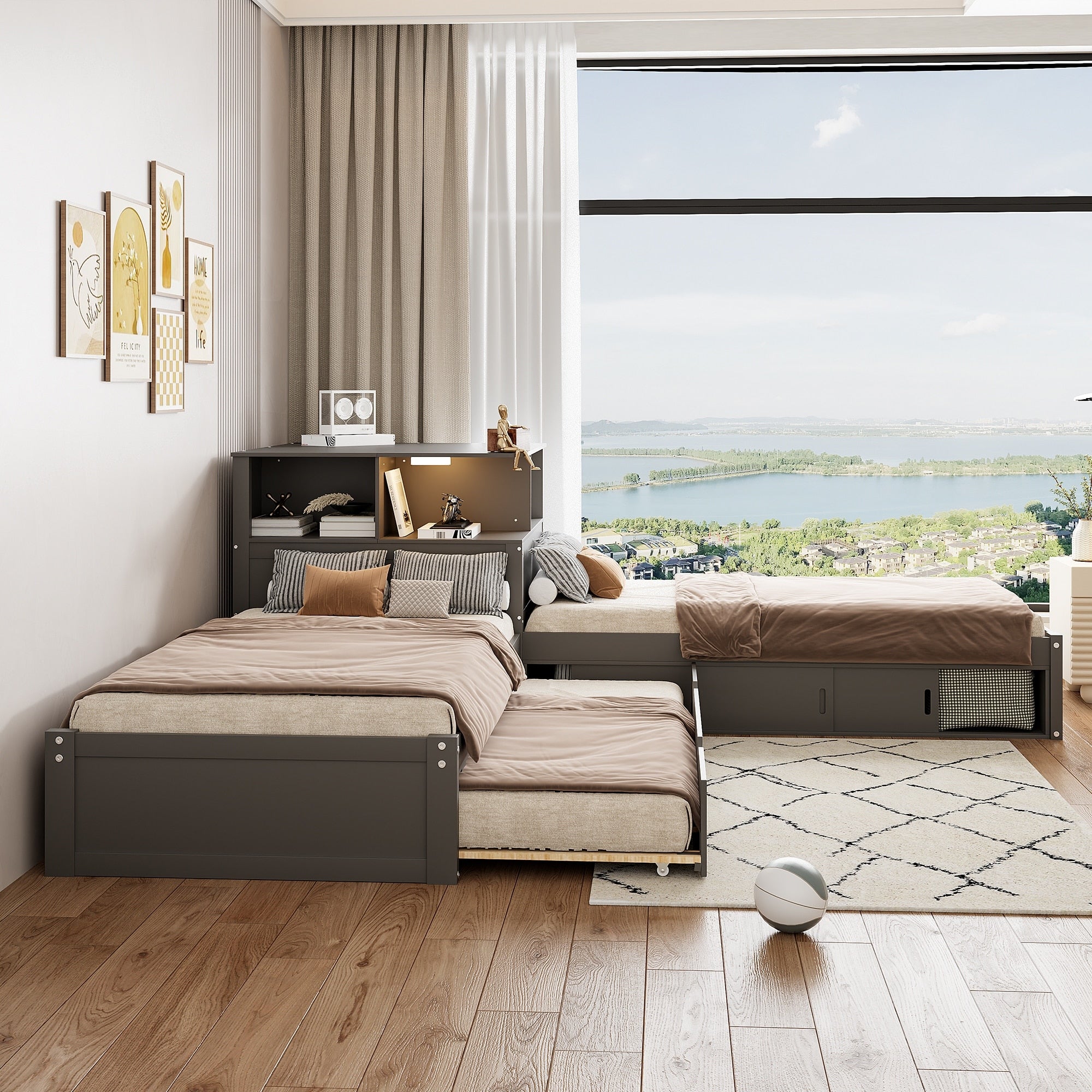 Roomfitters Twin L Shaped Platform Bed With Trundle Storage Cabinets And Led Desk
