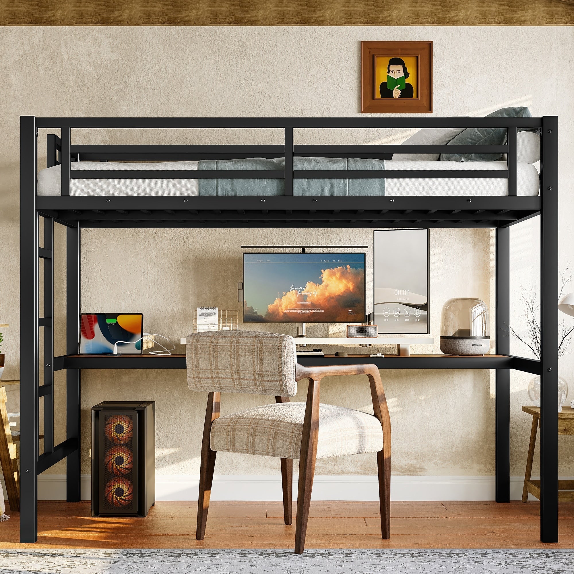 Roomfitters Twin Metal Loft Bed With Desk Gaming High Sleeper With Led Lights And Power Outlet Black
