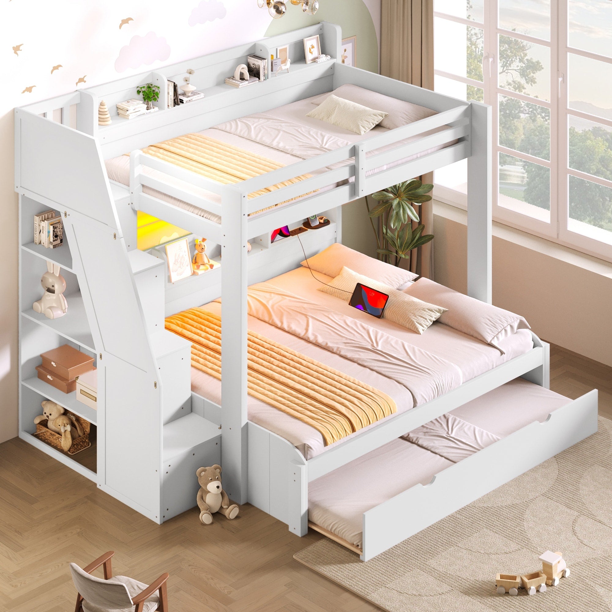 Roomfitters Twin Over Full Bunk Bed With Storage Staircase Trundle Led And Usb