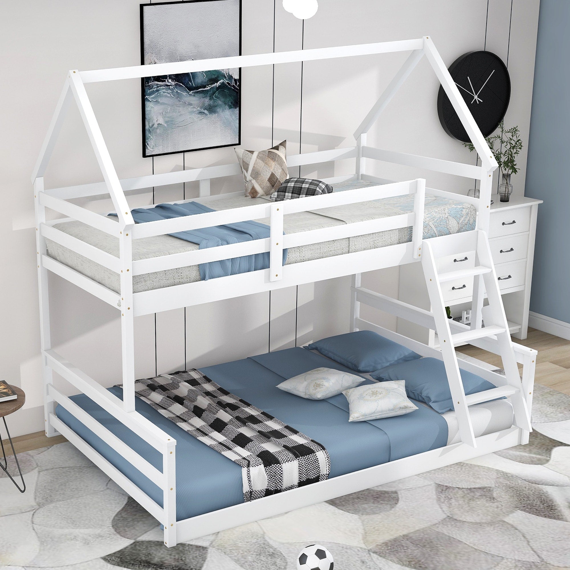 Roomfitters Twin Over Full House Bunk Bed With Built In Ladder Playhouse Roof