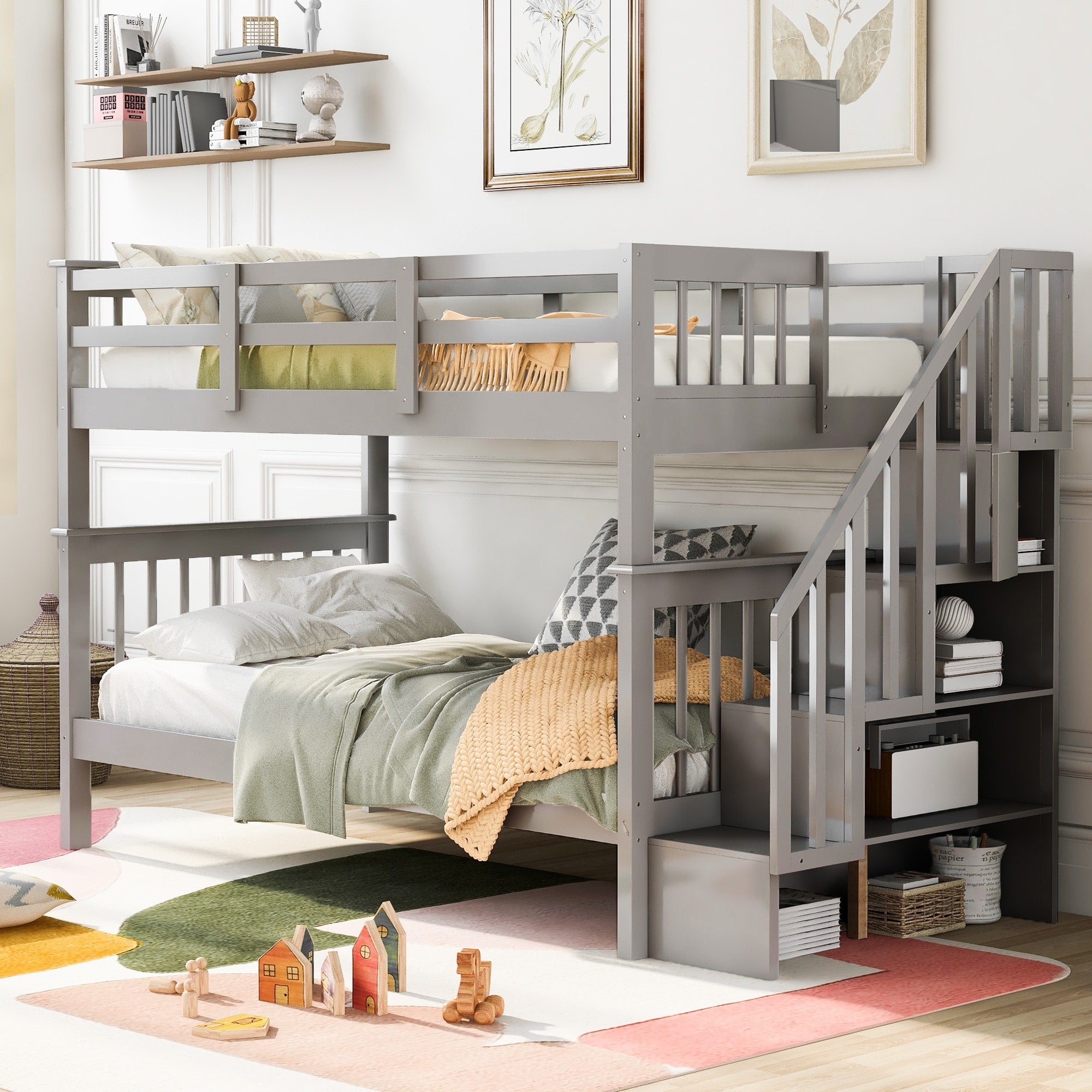 Roomfitters Twin Over Twin Bunk Bed Storage Stairway Wood Bed Frame With 4 Open Shelving Compartments Safety Rails
