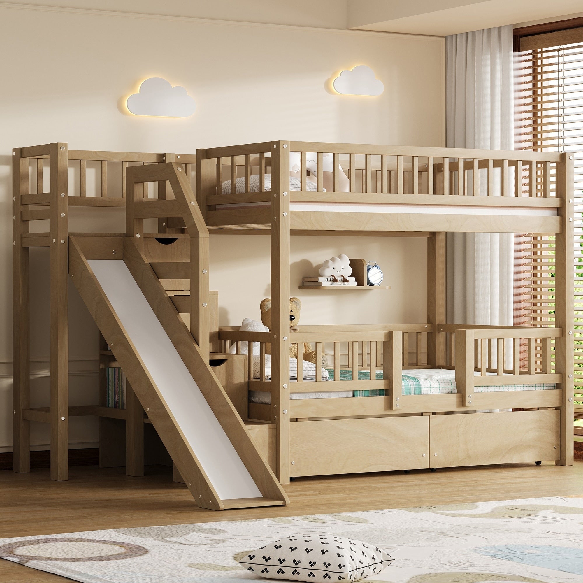 Roomfitters Twin Over Twin Bunk Bed With Slide Storage Staircase And Drawers