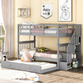 Roomfitters Twin Over Twin Bunk Bed Storage Stairway Pull Out Trundle Wood Triple Bed Frame 4 Shelves Guardrails