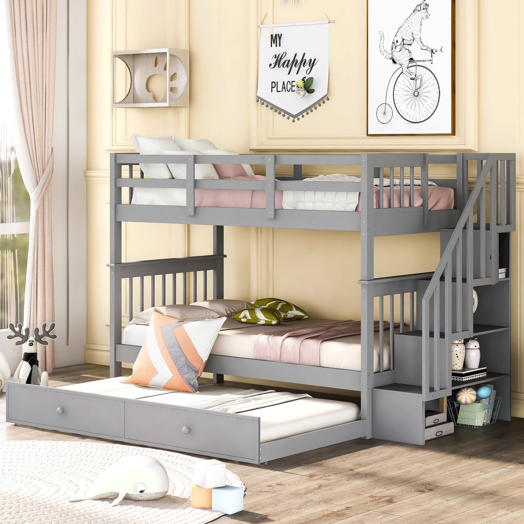 Roomfitters Twin Over Twin Bunk Bed Storage Stairway Pull Out Trundle Wood Triple Bed Frame 4 Shelves Guardrails