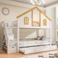Roomfitters Twin Over Twin Full Over Full House Bunk Bed With Trundle Storage Staircase And Roof White And Natural