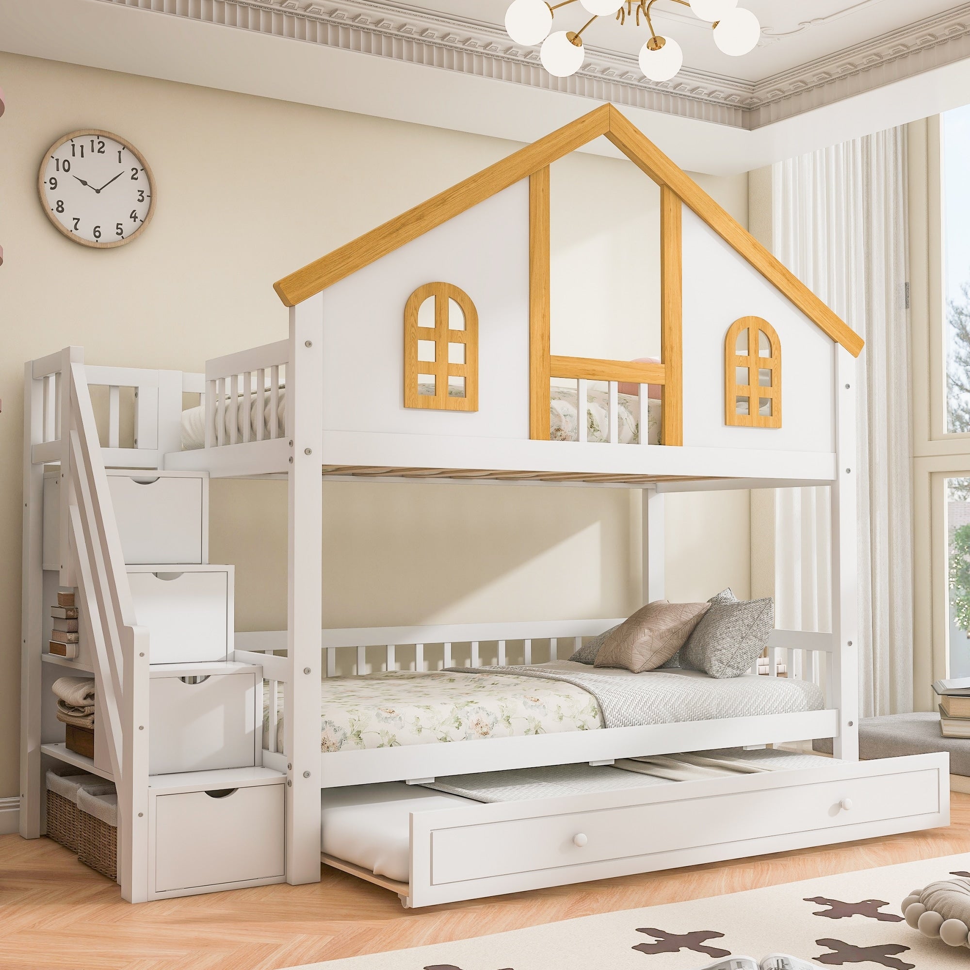 Roomfitters Twin Over Twin Full Over Full House Bunk Bed With Trundle Storage Staircase And Roof White And Natural