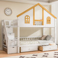 Roomfitters Twin Over Twin Full Over Full House Bunk Bed With Window Roof And Storage Staircase White And Natural