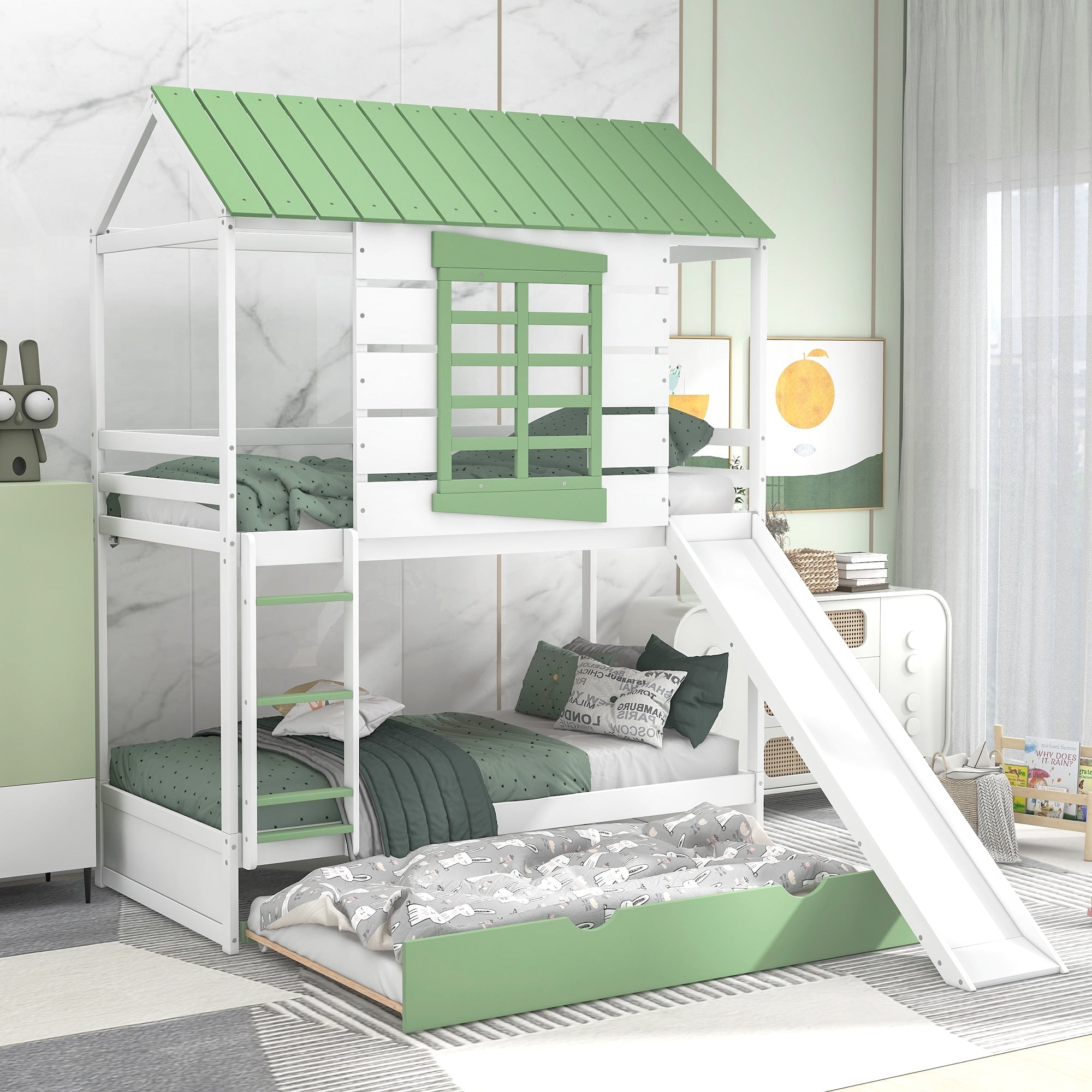 Roomfitters Twin Over Twin House Bunk Bed With Convertible Slide And Trundle White And Green