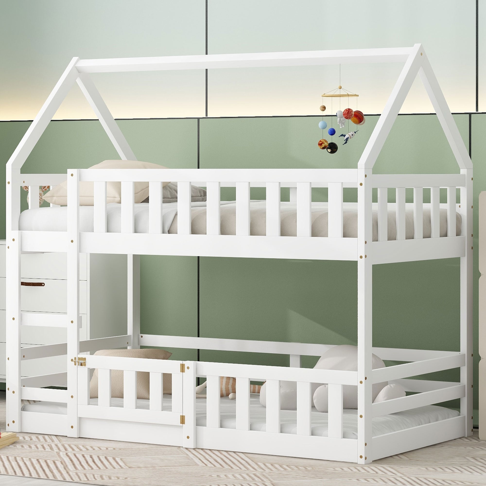 Roomfitters Twin Over Twin House Bunk Bed With Fence Guardrails And Door White