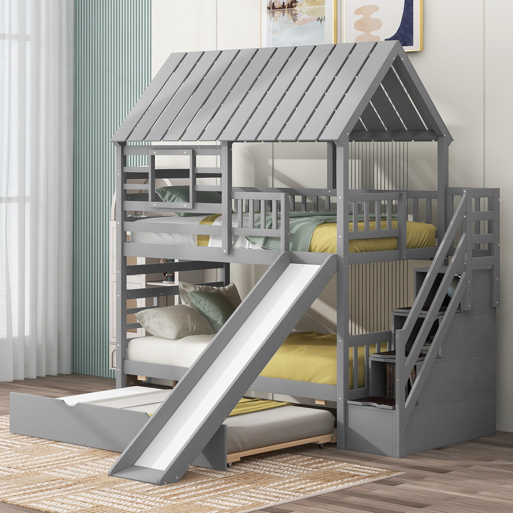 Roomfitters Twin Over Twin House Bunk Bed With Slide Trundle And Storage Staircase