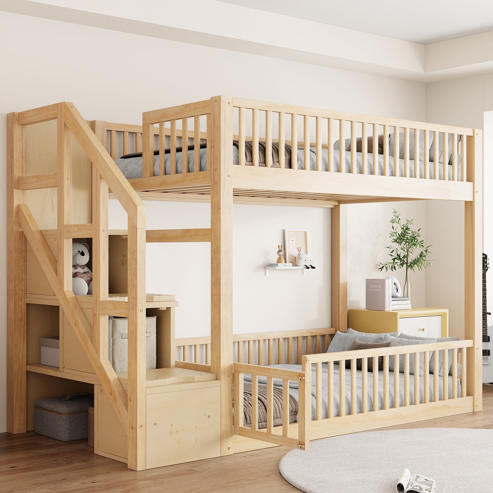 Roomfitters Twin Over Twin Low Floor Bunk Bed With Storage Ladder Natural Wood