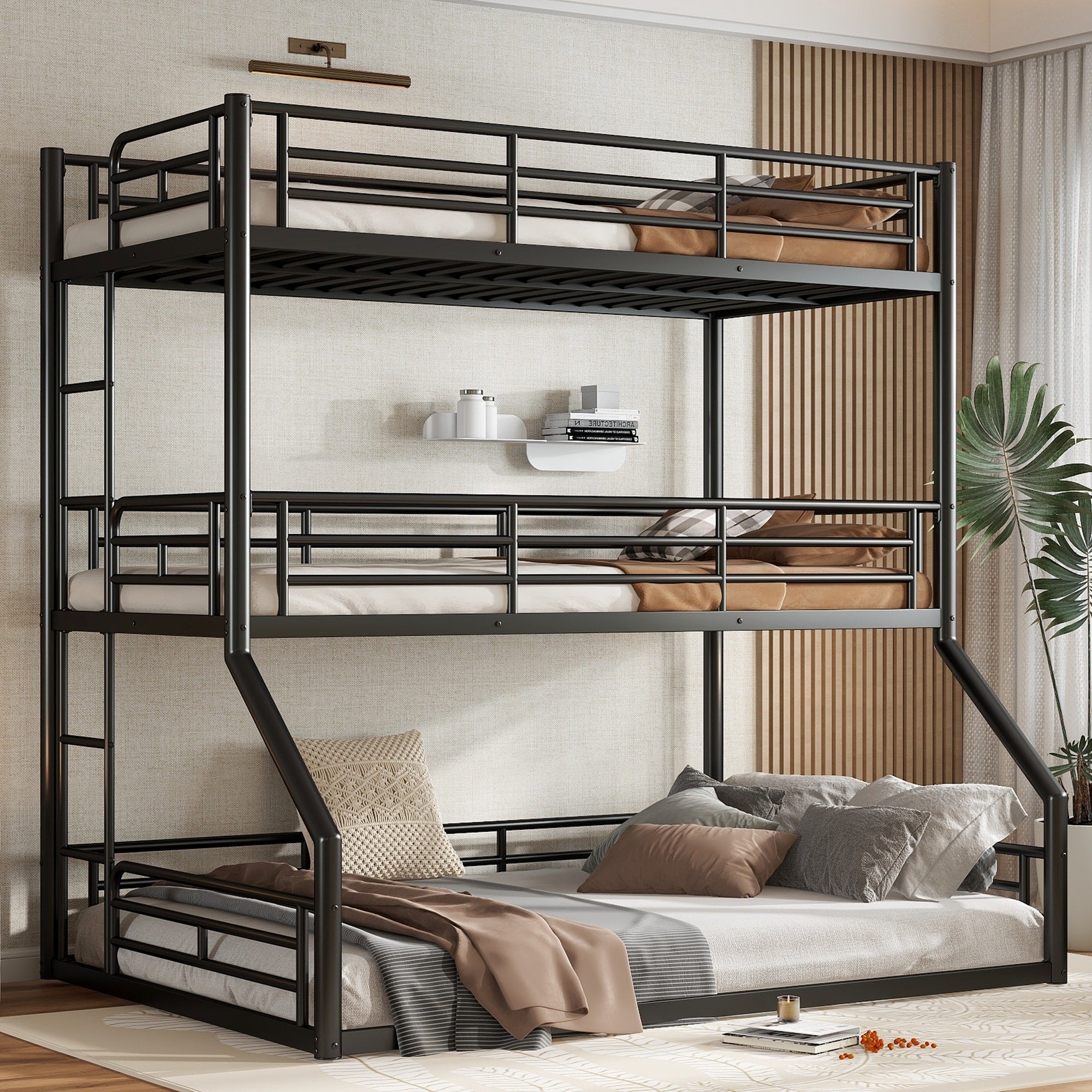 Roomfitters Twin Over Twin Over Full Metal Triple Bunk Bed Guardrails Ladders Heavy Duty 3 Tier Frame Noise Reduced