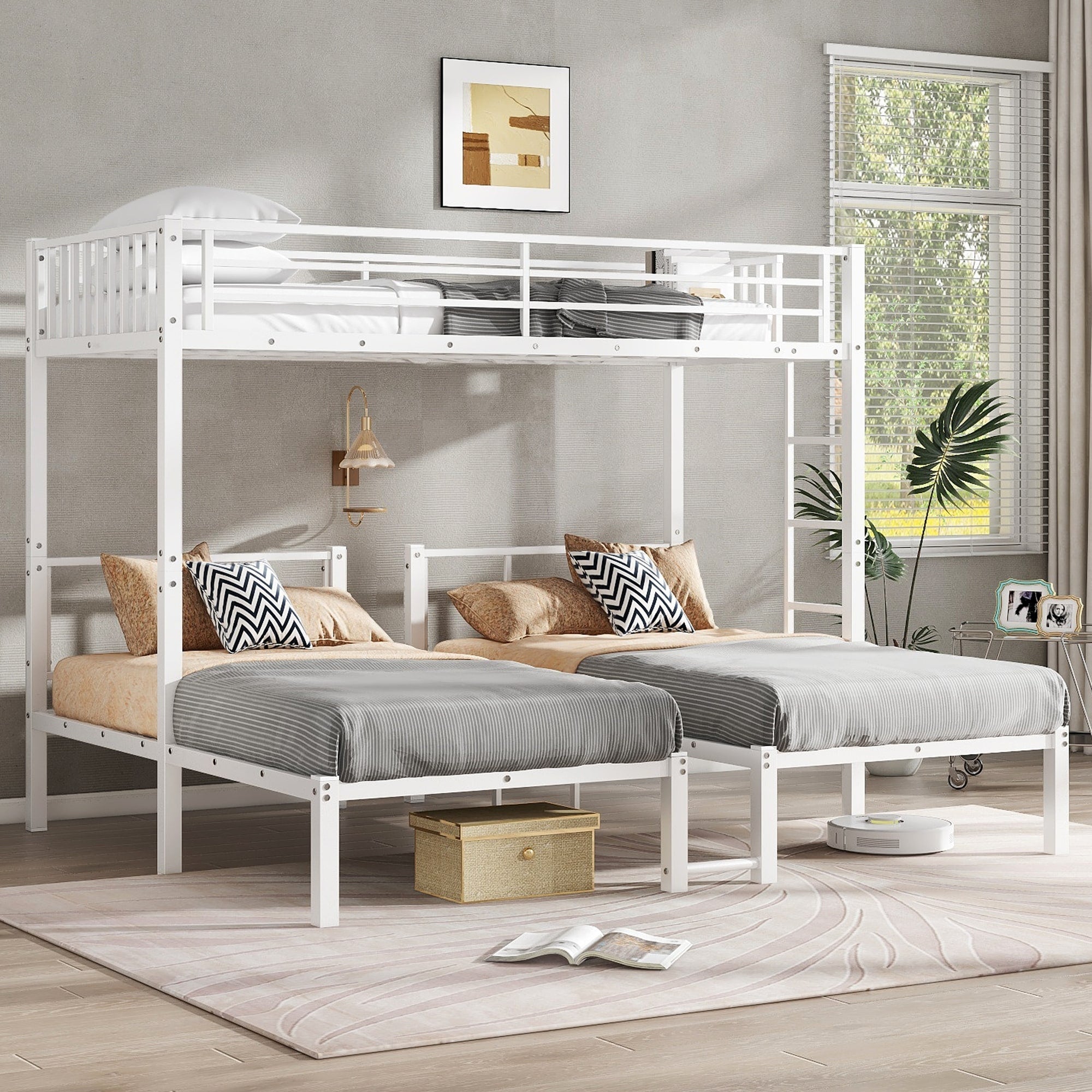 Roomfitters Twin Over Twin Twin Metal Triple Bunk Bed Built In Storage Shelf Detachable 3 In 1 White L Shaped Bed Frame